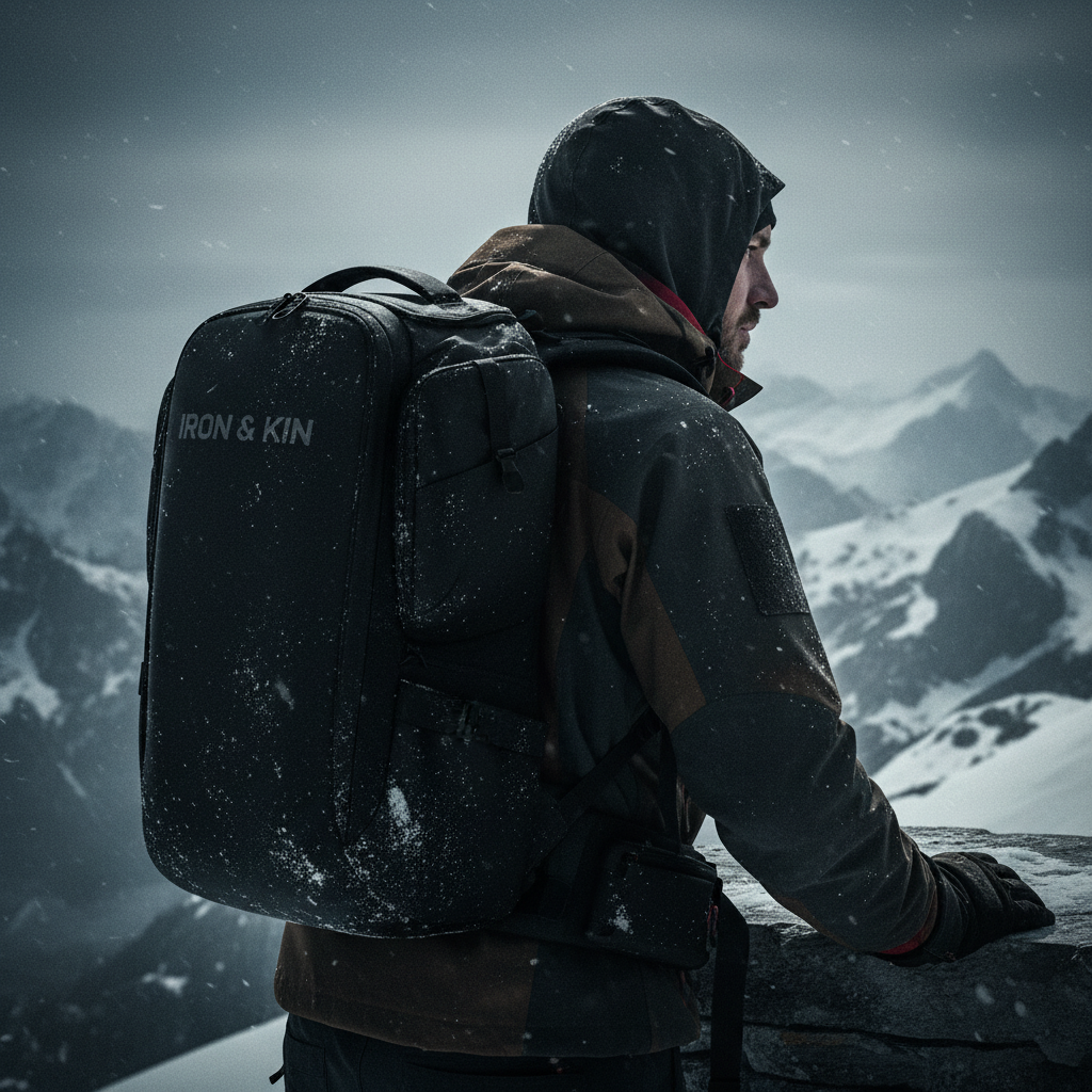A man carrying the MK.01 up a misty granite ridge at dawn