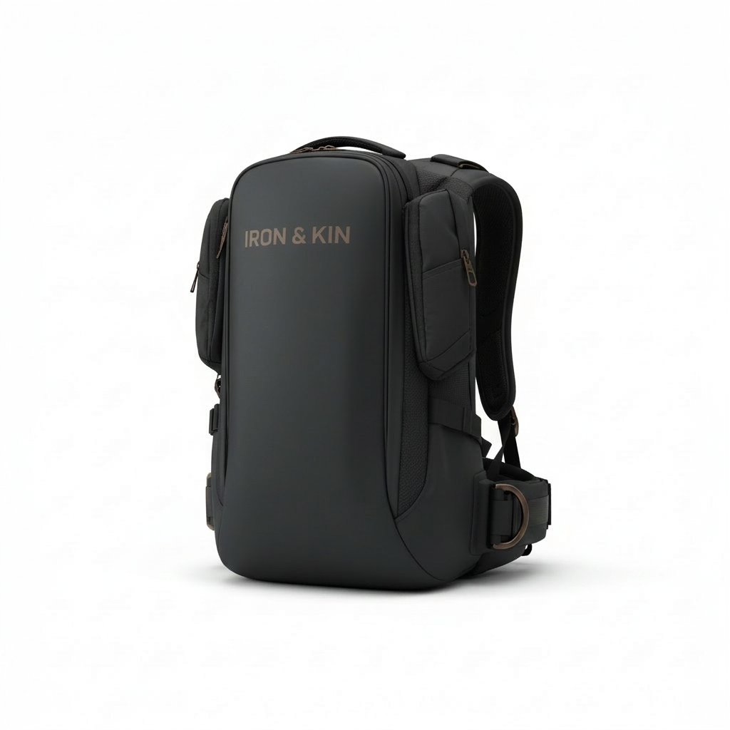 Iron & Kin MK.01 — three-quarter view, matte black thermoformed shell